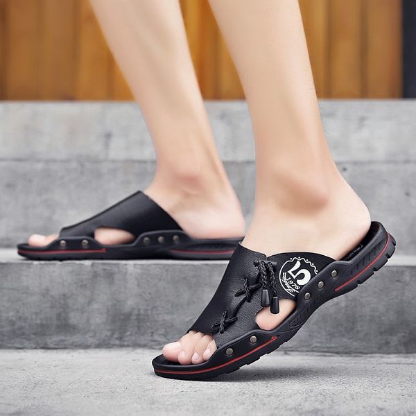 

slippers yeinshaars summer beach sandals men soft comfortable outdoor lightweight casual male classic fashion leather, Black