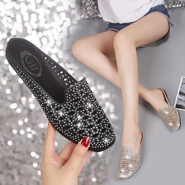 

sagace woman outdoor slippers fashion summer slip on crystal hollow out flat shoes slippers casual beach women shoes, Black