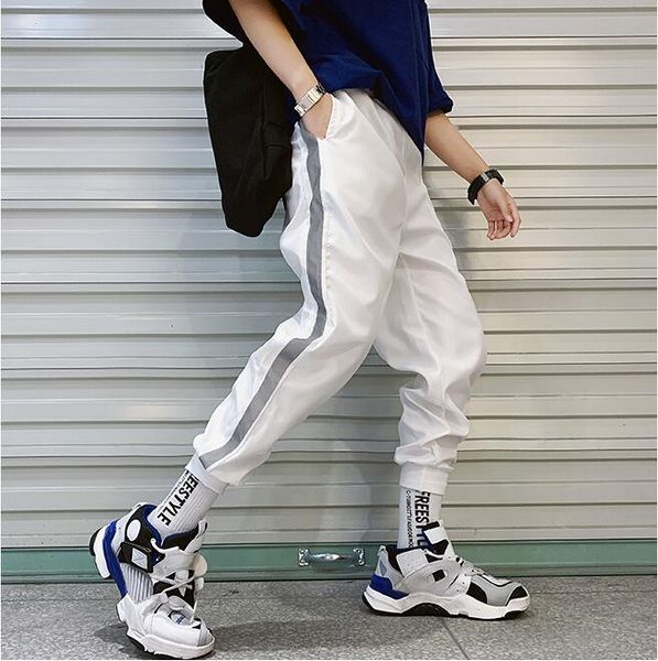 

мужские sweatpants side stripe hip hop трек брюки street wear тощий jogger шаровары эластичный пояс мужчин случайных брюки, Black