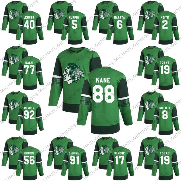 

2020 st. patrick's day chicago blackhawks patrick kane jonathan toews alex debrincat lehner shaw kirby dach duncan keith gustafsson jer, Black;red