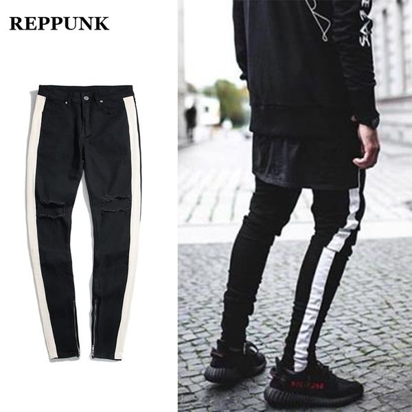 

2018 Men denim ripped hole Jeans side striped line Jeans Fashion Hip hop Skinny pencil pants For male stretch patchwork pants