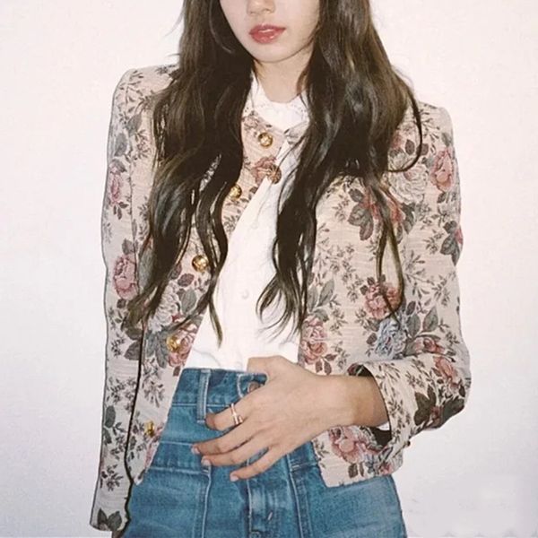 

vintage flowers print women short jacket lady long sleeve lady single-breasted coat female clothes 2020 new early autumn, Black;brown