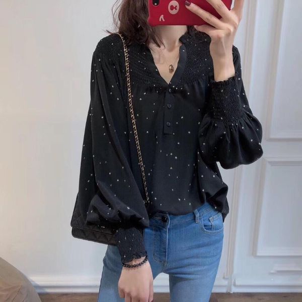 

100% silk women shirt fashion clothing lantern sleeve full silk loose shirt top, White
