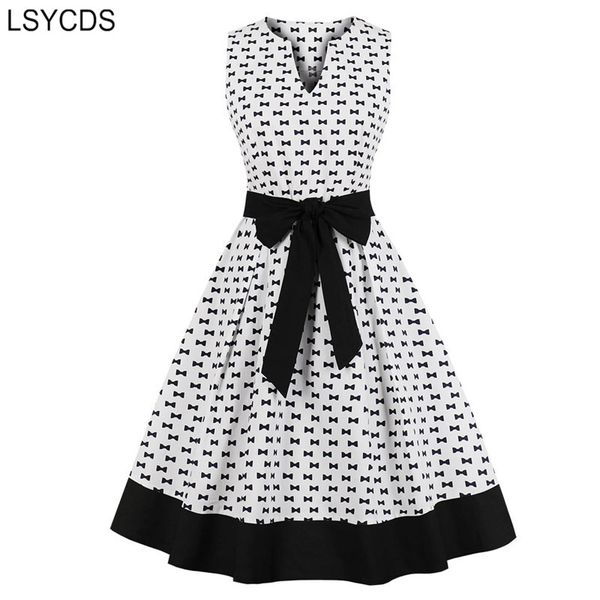 

lsycds retro robe femme black hem vintage dresses little bow print rockabilly dress women v neck belted white elegant dresses, Black;gray