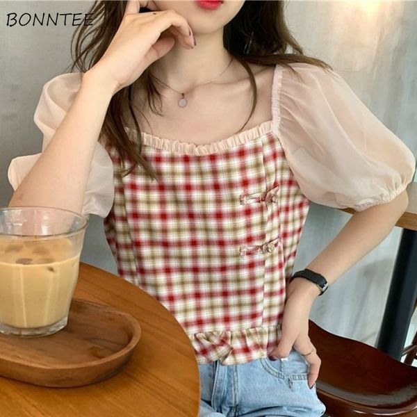 

shirts women elegant summer retro plaid ulzzang french mesh design cropped student new sweet girl chic daily casual, White