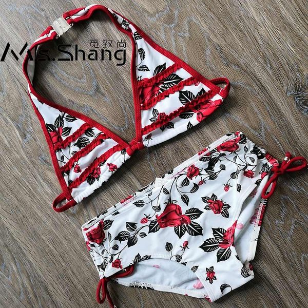 

6-16 years floral girl swimsuit kids print teenager girl bikini set halter two piece children swimwear red bathing suit