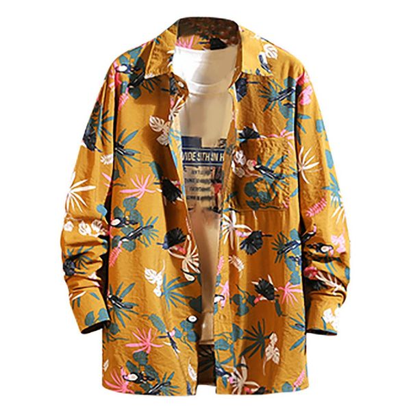 

klv shirts men's autumn new casual fashion print loose lapel long sleeve shirt hawaiian beach coconut tree flowers shirt, White;black