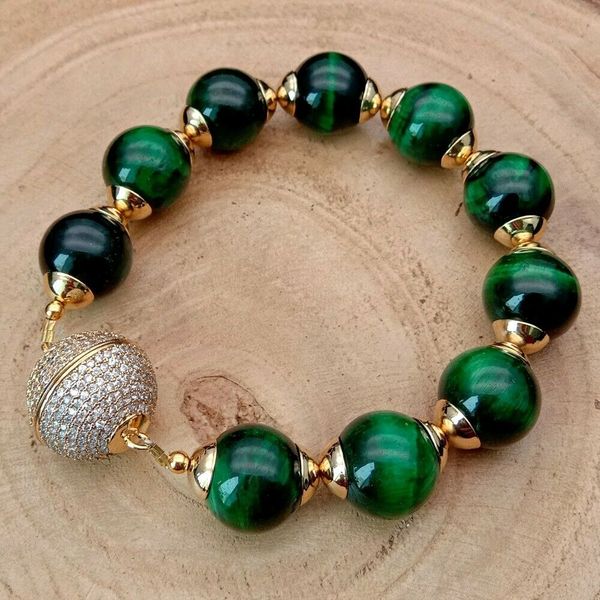 

8'' 14mm round green tiger eye bracelet, Golden;silver