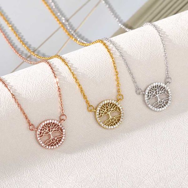 

tree of life crystal zircon round small pendant necklace gold chain choker necklaces for women jewelry bijoux collier, Golden;silver