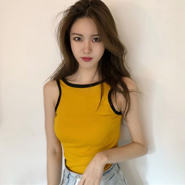 

beauty back vest sleeveless casual tshirt women round neck knitted tanks slim patchwork female solid fitness for women, White