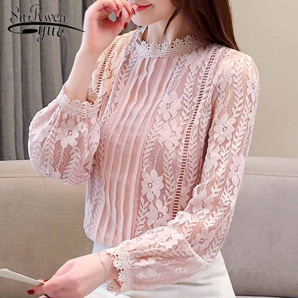 

blouses woman 2020 fashion hollow lace blouse women long sleeve women shirts solid white blouse female 1991 50