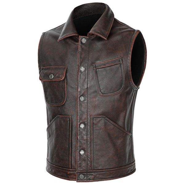 

mens vintage real leather motorcycle biker vest genuine cowhide leather sleeveless jacket brown slim fit safari style waistcoat, Black;white