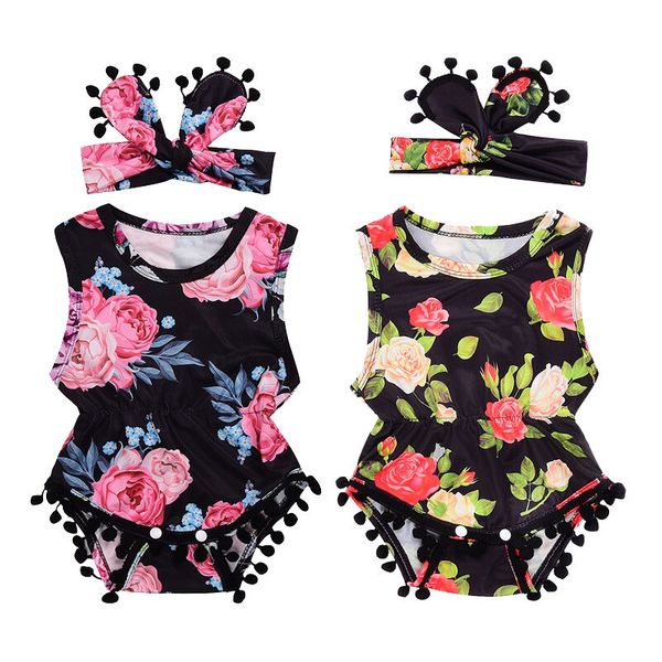 

новорожденный девочка одежда без рукавов цветочные печатные кисточки комбинезон боди sunsuit наряд + оголовье набор, Blue