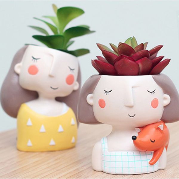 

2 pieces cute girls resin succulent pot cactus pot flowerpot, great gift for home garden patio office decoration