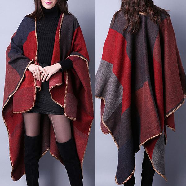 

women's vintage plaid color block shawl wrap open front poncho cape cardigan christmas gift, Black