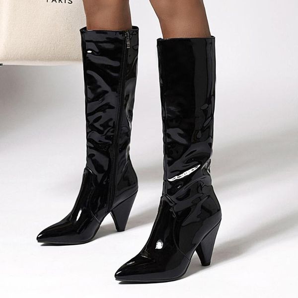

women's knee high boots pointed toe comfortable boots women winter 2019 leather booties western for women #g2, Black