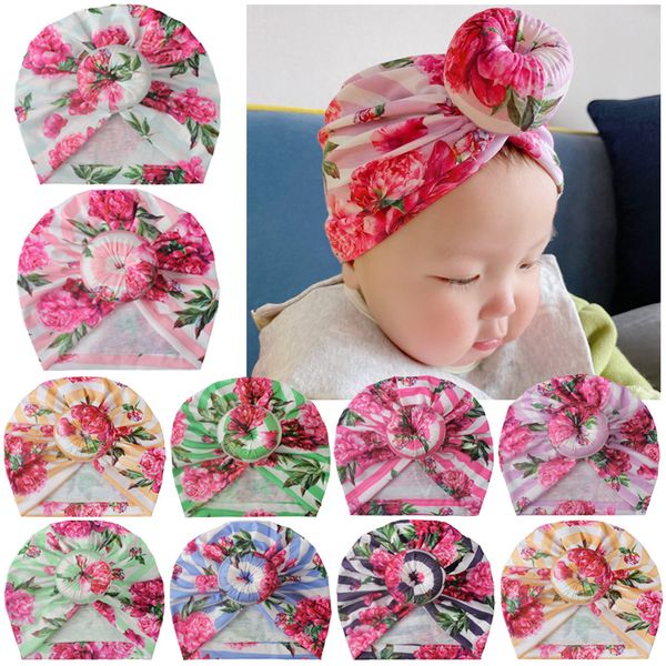 A776 Europa infantile cappello bambino nodo fiori stampati copricapo bambino bambino bambino berretto berretti turbante ciambelle floreali cappelli bambini cappello 9 colori