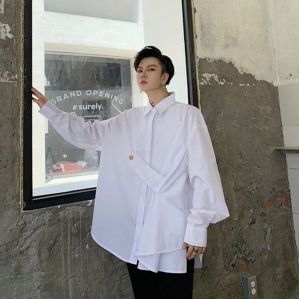 

men stage clothing long sleeve button design loose casual shirt male vintage fashion streetwear hip hop party dress shirt, White;black