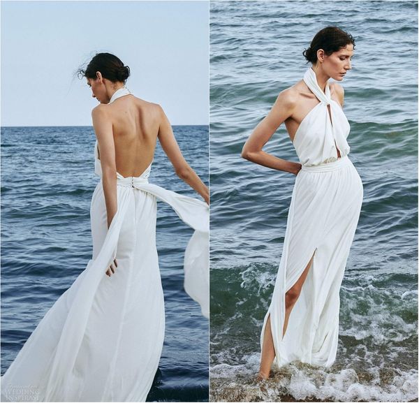 Abiti da sposa bohémien 2020 Abiti da sposa sexy spaccati sul davanti con scollo all'americana Semplicemente abito da sposa in chiffon senza schienale in spiaggia