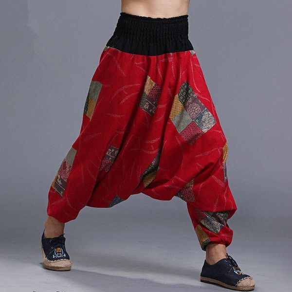 

new arrival autumn fluid big crotch pants male travel harem pants comfortable cotton linen bloomers baggy 100801, Black