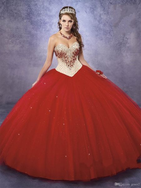 Sweetheart-Champagner- und leuchtend rote Quinceanera-Kleider mit kostenlosem Bolero-Prinzessinnenkleid für süße 15- bis 16-Geburtstagskleider