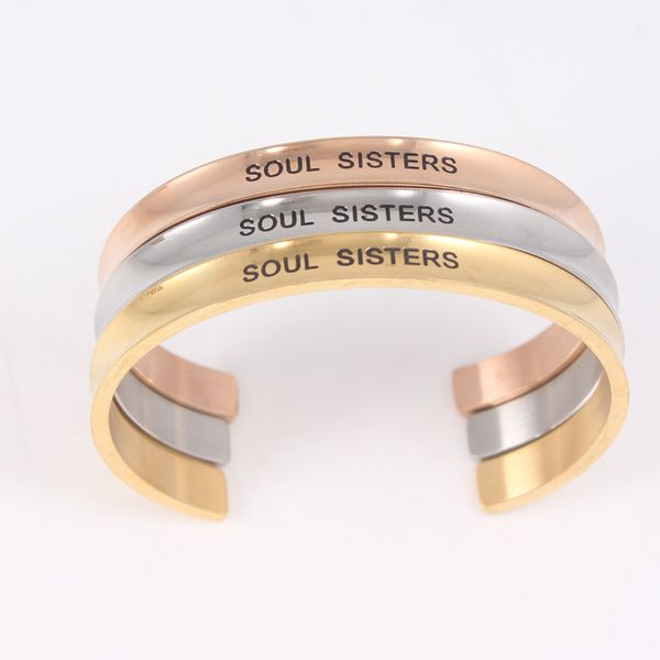 

silver rose gold cuff bangle soul sisters inspirational bangle titanium steel 7mm bar open cuff mantra bracelet for friends, Black