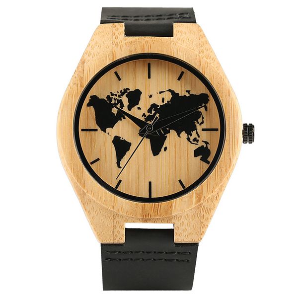 

new arrival nature wood bamboo watch black world map dial men's analog quartz wrist watches leather bracelet strap reloj de pulsera, Slivery;brown