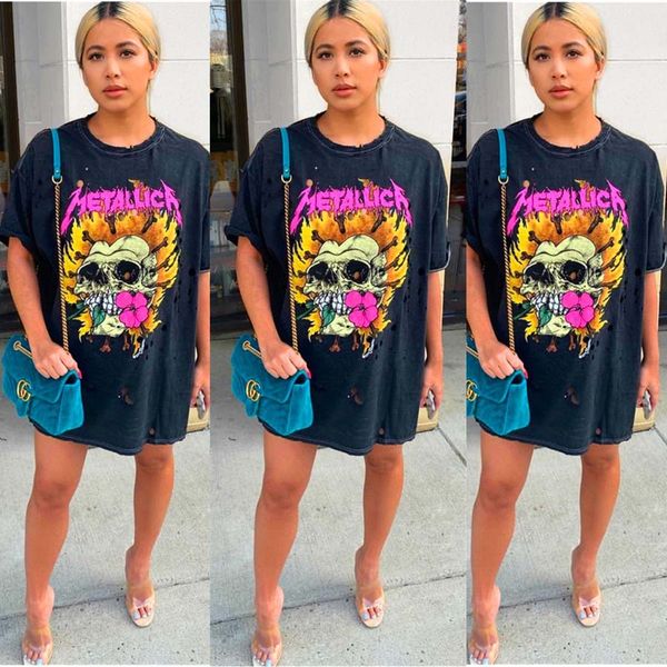 

Skull Print Casual T-shirt dress Female Short Sleeved Shirt Mini Dresses Stitching Casual Long T-shirts Summer Black Dress