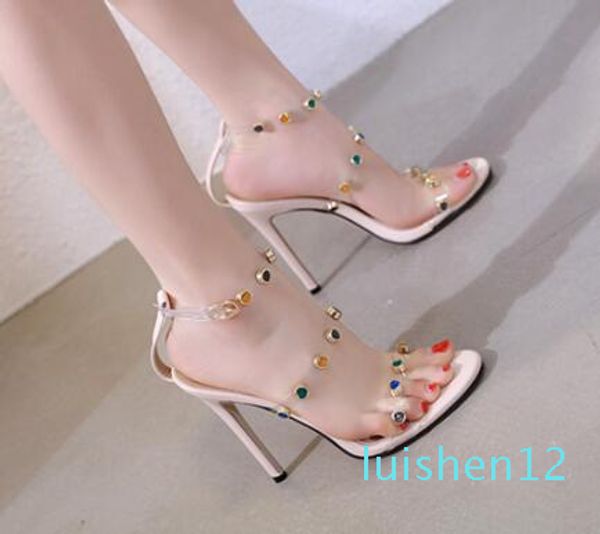 

fashion pvc multicolor rhinestone nightclub shoes 11cm thin heel high heels sandals women slippers l12, Black