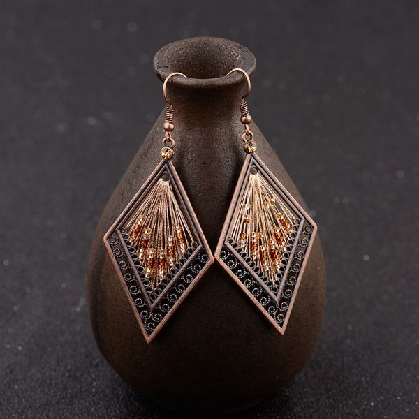 

women's ethnic silk rhombus alloy beads drop earrings fashion jewelry vintage gypsy boho earrings oorbellen jhumka, Silver