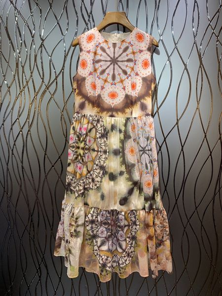 

summer 2019 new women's dresses with round neck back zipper printing matchwork colorless sleeveless dresses 501, Black;gray