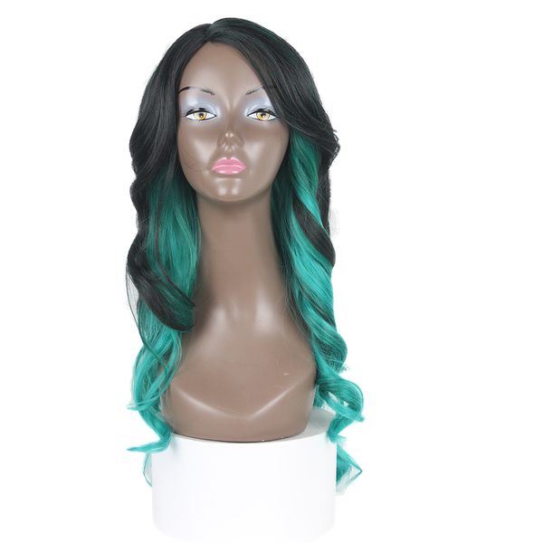 

long 26" loose wave synthetic hair front lace wig straight heat resistant ombre wig with bangs wavy middle part green wigs for women, Black