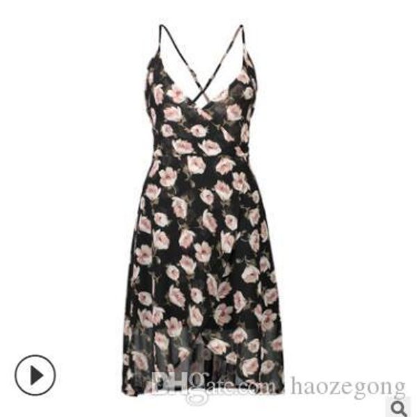 

long summer floral printed dress for ladies fashion v-neck dress women with backless casual beach sling dress, Black;gray