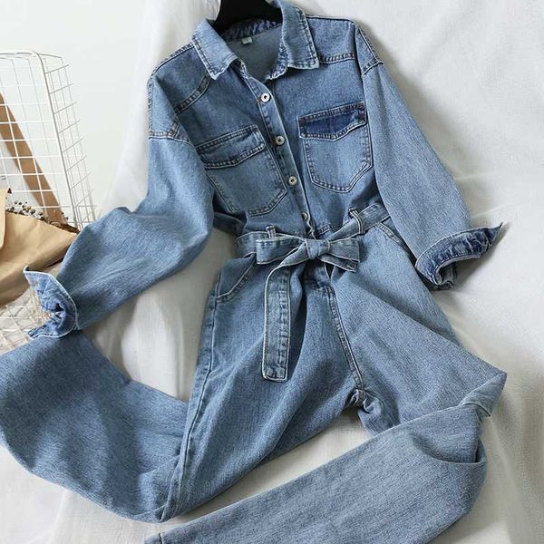 

korean women overalls denim jumpsuit students loose high waist jeans straight pants long sleeve cowboy playsuit rompers, Black;white