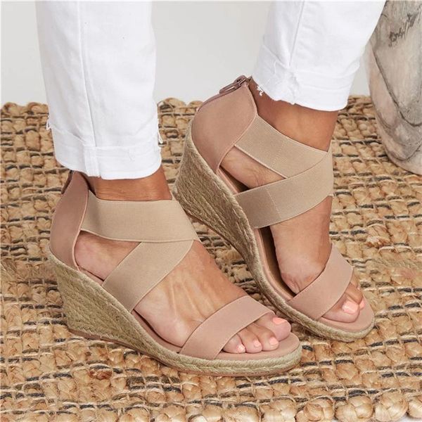 

women leopard wedges sandals elastic casual shoes 2020 new ladies zipper high wedges cover heel sandalia feminina, Black