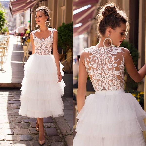 

stylish a line lace beach wedding dresses scoop neck tea length short bridal gowns tulle tiered robe de mariÃ©e, White