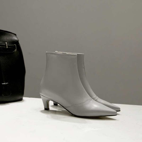 

2019 new arrival pointed toe zipper cow leather thin heel ankle boots high heels solid office lady keep warm winter shoes l00 mx200508, Black