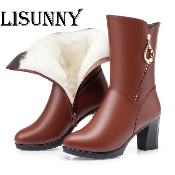 

2020 women platform long boots winter new australian wool rhinestone fashion thick heel warm shoes high heel boots women, Black