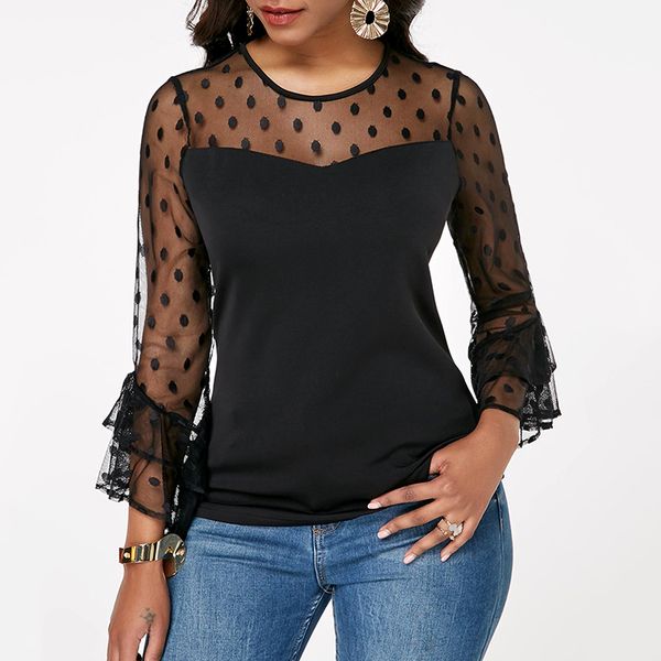 

fashion womenss and blouses elegant long sleeve loose shirt summer polka dot see through blusas femininas elegante, White