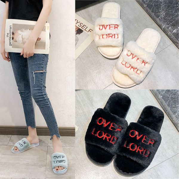 

women spring autumn home indoor fur slippers eva material flat bottom letters casual non-slip warm plush open-toed slippers, Black