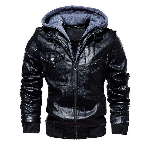 

mens hooded leather jacket motorcycle leather pu baseball biker jacket coat autumn winter outwear windbreaker male pu jackets, Black;brown