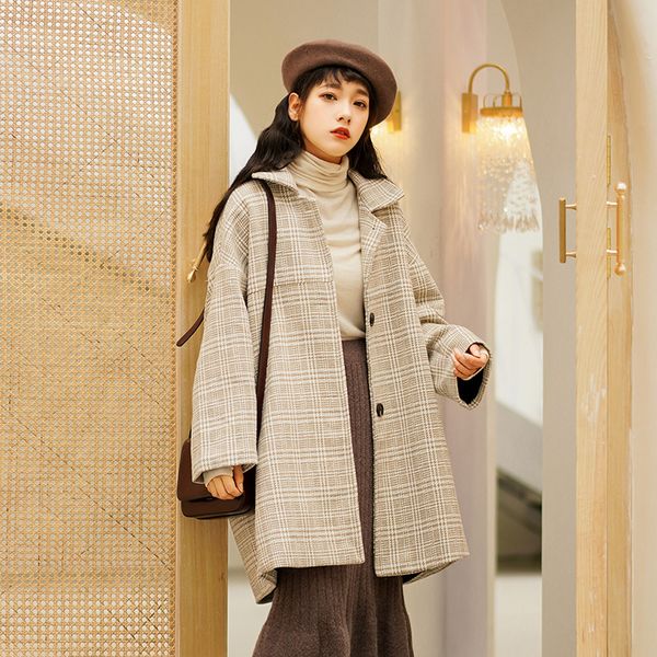 

milinsus 2019 autumn and winter woolen coat fashion korean black beige lattice wool jackets button female loose slim fit jacket
