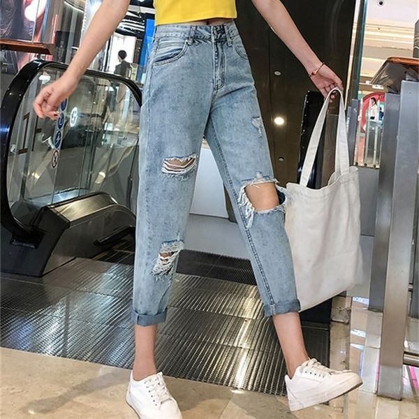 

bgsolid spring and summer 2019 thin perforated jeans women loose joker students retro feet nine-legged pants torre pants, Blue