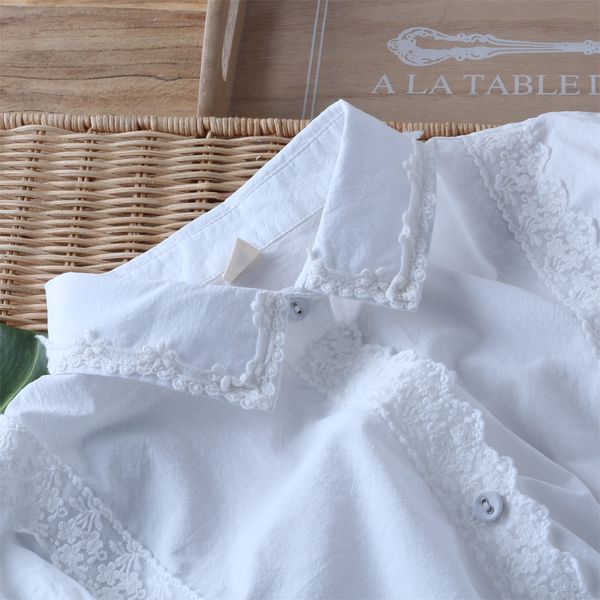 

цветы кружевной стежок питер пэн воротник шнуровка с длинным рукавом хлопок питер пэн воротник блузка рубашка, White