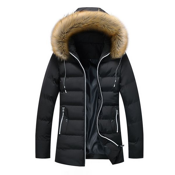 

men jacket winter long coat with hooded casual men overcaot with fur mens winter parkas fur hood, Black