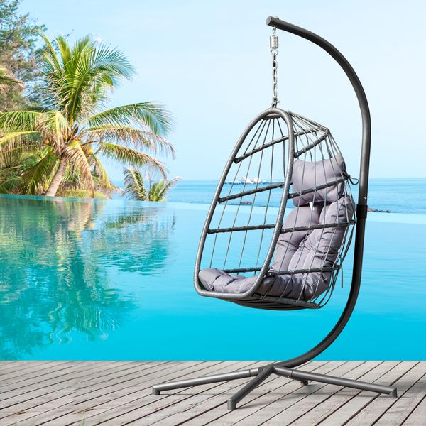 

in door outdoor patio wicker hanging chair swing chair patio egg chair uv resistant grey cushion aluminum frame