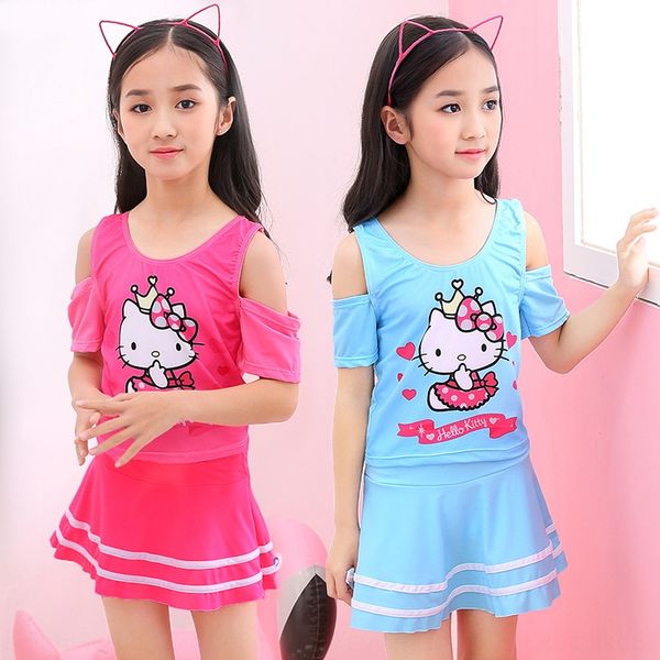 

pupils and girls split pink blue cute cat swimsuit safe and conservative swimming pool swimsuit, White;black