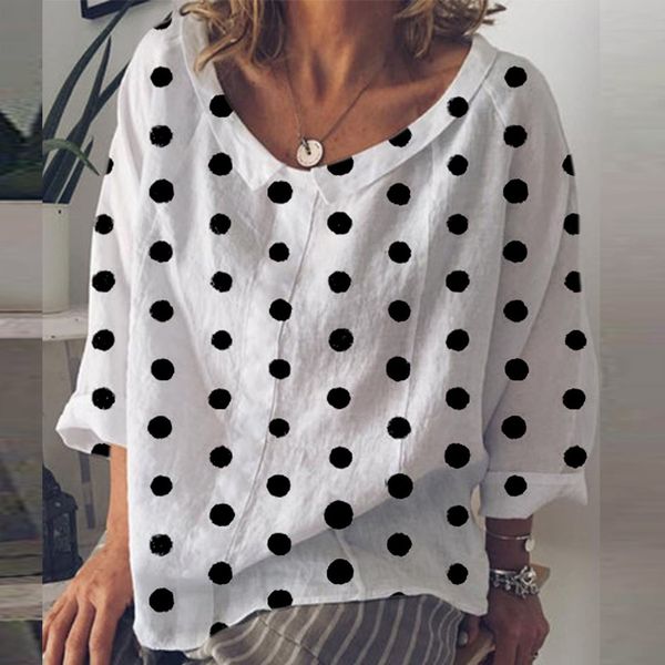 

feitong polka dot large size blouse women summer dot print blouse loose maxi basic oversize casual tunic shirt blusa feminina, White