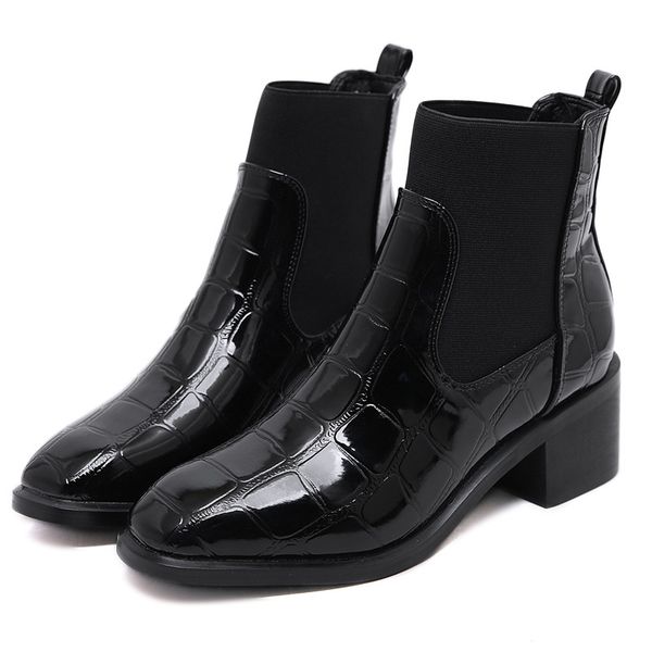 

fashion crocodile pattern boots pu leather shoes medium heels women's boots square toe autumn winter casual shoes, Black