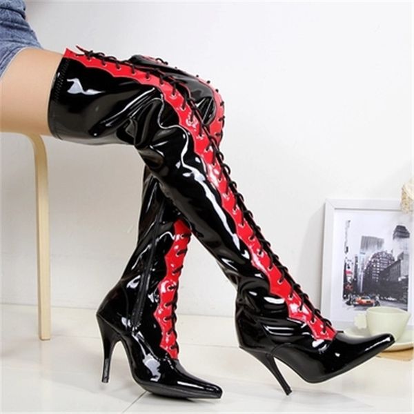 

summer club belt buckle belt women's ultra high heel boots, 12cm thin with color matching knee boots, Black